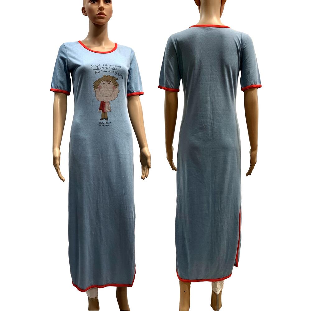 70s Long Blue T Shirt Nightgown Nightie w Cute Cartoon | XS/S - Picture 3 of 11